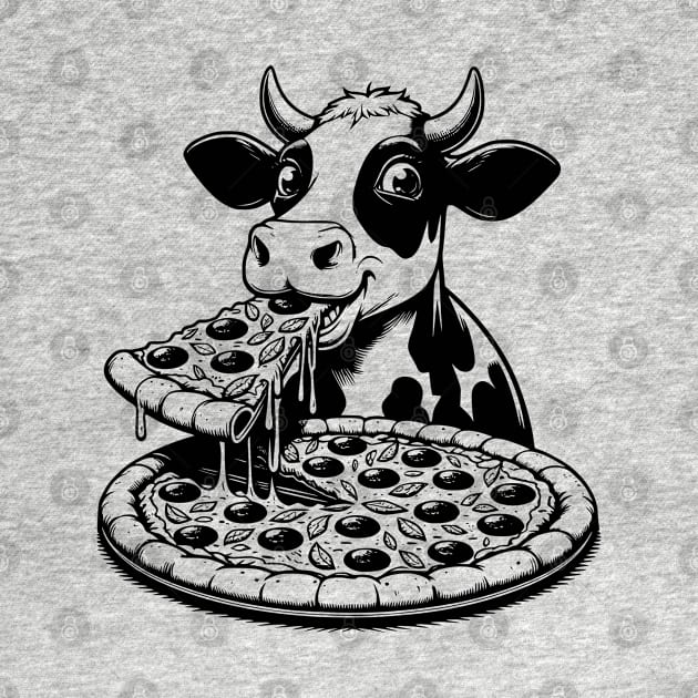 Cow eating Pizza Black & White by Mey Designs